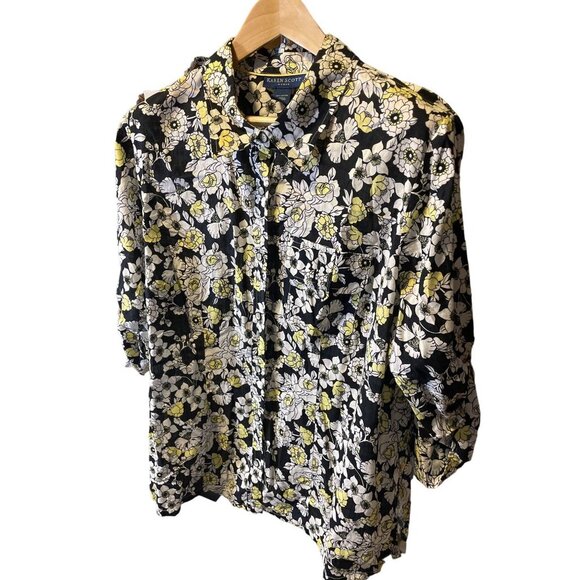 Karen Scott Black White Yellow Floral 3/4 Sleeve Button Up Blouse Top Sz 2X - Picture 3 of 7